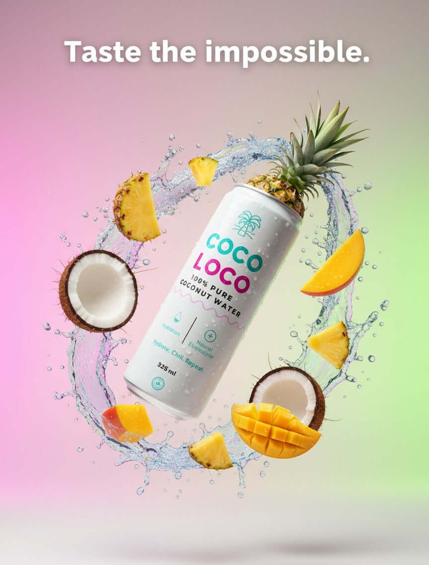 COCO LOCO coconut water can with tropical lifestyle scene, natural hydration drink