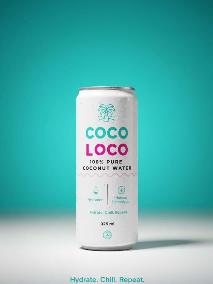 COCO LOCO 100% pure coconut water can, cross-section showing natural coconut water