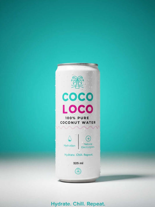 COCO LOCO 100% pure coconut water can, cross-section showing natural coconut water